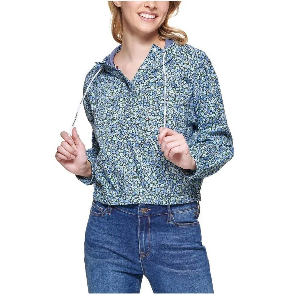 Tommy Hilfiger Blue Floral Cropped Cotton Hoodie Size Medium EUC - Picture 9 of 9